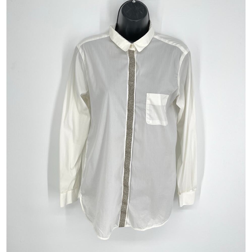 0039 Italy Long Sleeve Silver Glitter Button Front Top Blouse Womens Sz S White